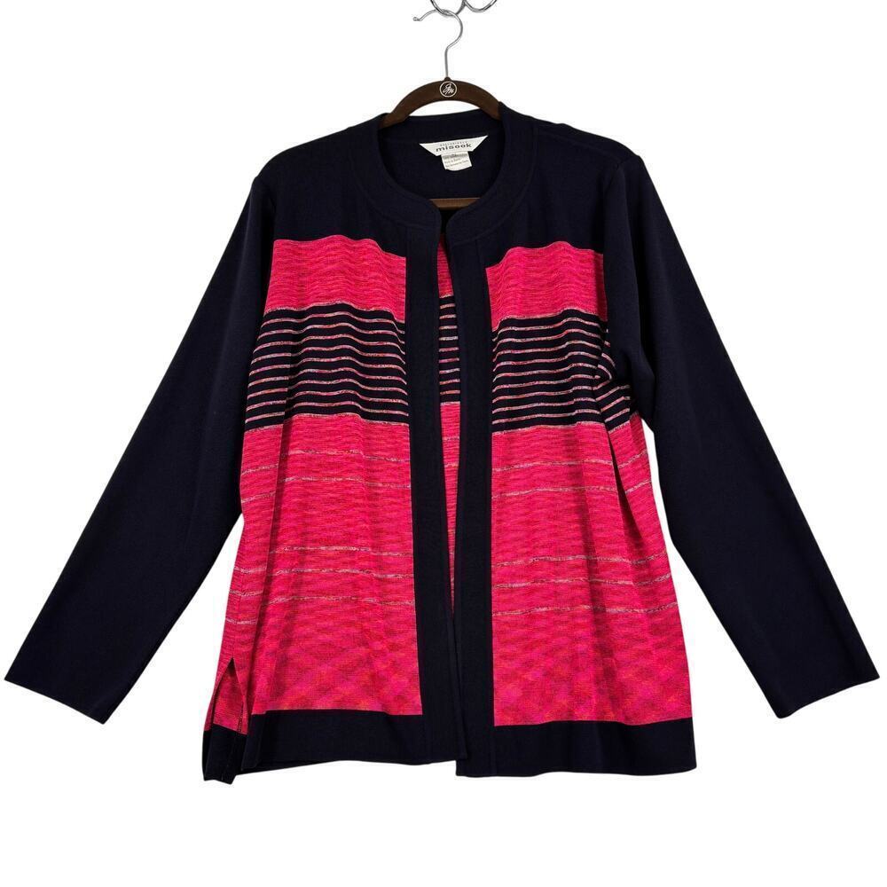 Exclusively‎ Misook Cardigan Sweater Size XL Black Pink Open Front Stretch Knit